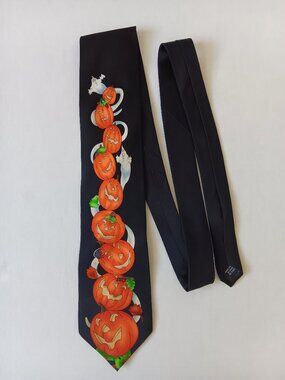Vintage Hallmark Seasonal Concepts Black Halloween Jack-o-Lantern Tie L58" W4"